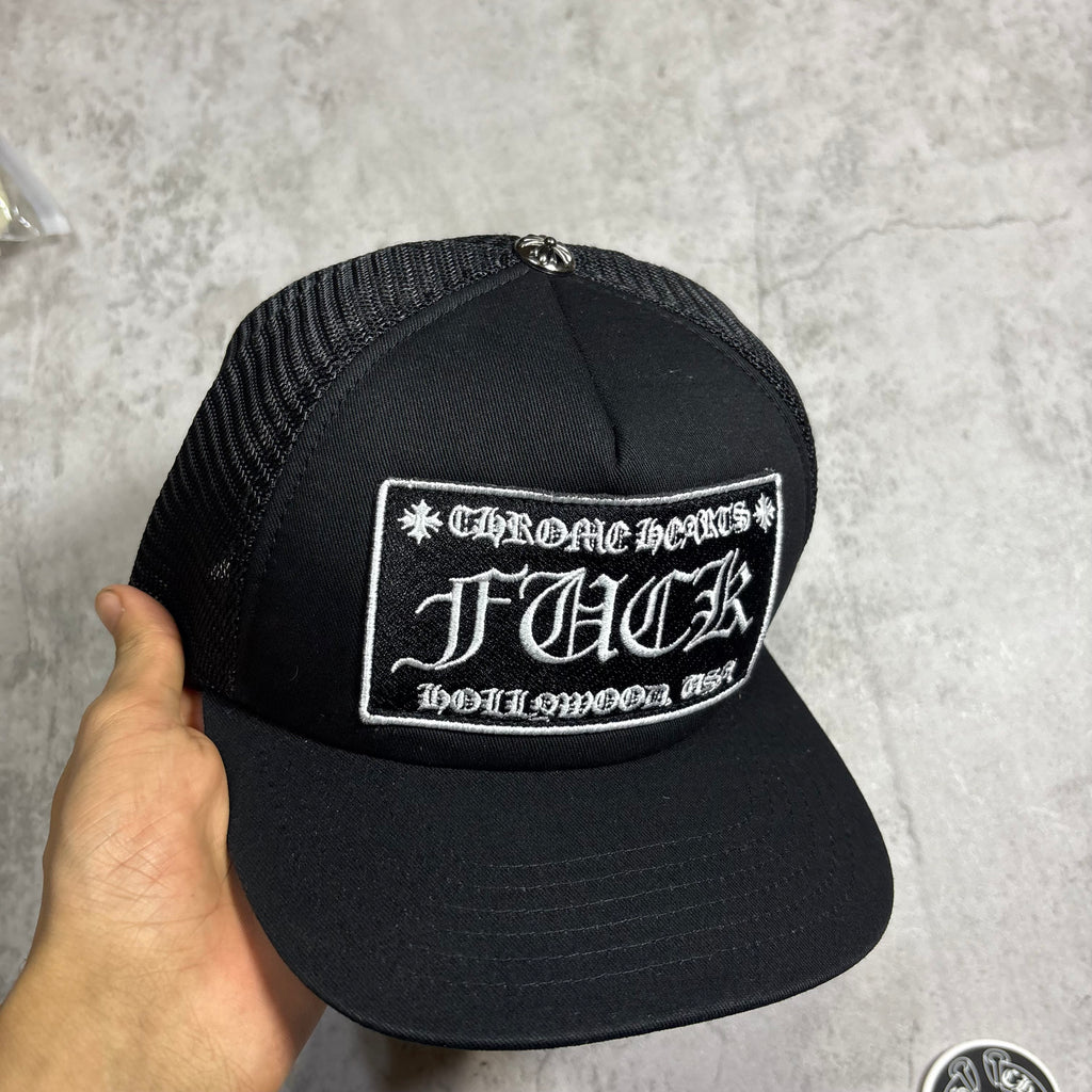Chrome Hearts FUCK Hollywood trucker hat black